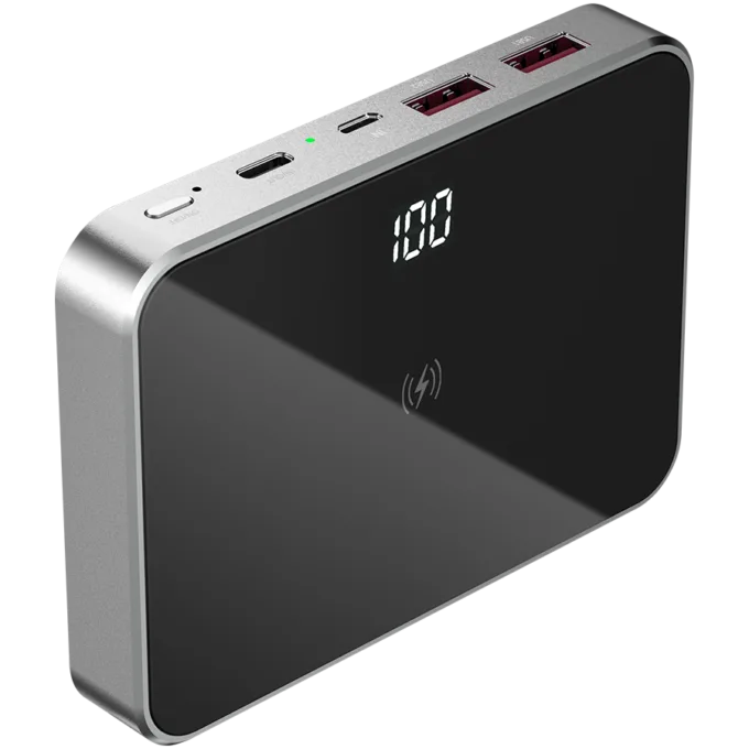 Prestigio Graphene PD, fast charging powerbank, capacity 20000 mAh, 2*USB3.0 quick charge, 1*Type-C PD, wireless charging interface 10W, LED battery indicator, leather case, cable type C-USB, 60W adapter in the box, aluminium and tempered glass, black+space grey color. — image 5