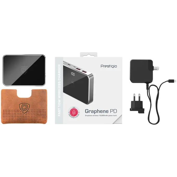 Prestigio Graphene PD, fast charging powerbank, capacity 20000 mAh, 2*USB3.0 quick charge, 1*Type-C PD, wireless charging interface 10W, LED battery indicator, leather case, cable type C-USB, 60W adapter in the box, aluminium and tempered glass, black+space grey color. — image 7
