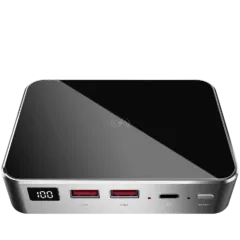 Prestigio Graphene PD PRO, fast charging powerbank, 20000 mAh, 2*USB3.0 QC, 1*Type-C PD, wireless charging interface 10W, LED battery indicator, leather case, cable type C-USB, 60W adapter in the box, aluminium and tempered glass, Silver grey color