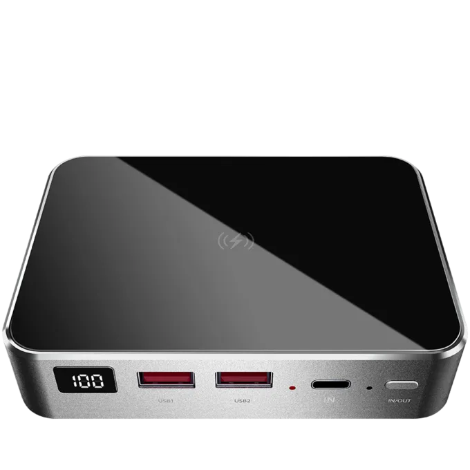 Prestigio Graphene PD PRO, fast charging powerbank, 20000 mAh, 2*USB3.0 QC, 1*Type-C PD, wireless charging interface 10W, LED battery indicator, leather case, cable type C-USB, 60W adapter in the box, aluminium and tempered glass, Silver grey color — image 1