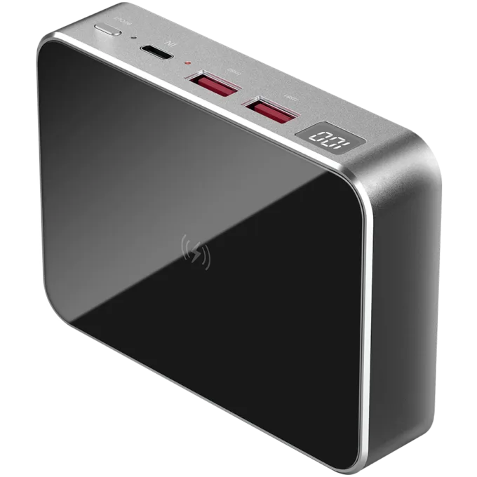 Prestigio Graphene PD PRO, fast charging powerbank, 20000 mAh, 2*USB3.0 QC, 1*Type-C PD, wireless charging interface 10W, LED battery indicator, leather case, cable type C-USB, 60W adapter in the box, aluminium and tempered glass, Silver grey color — image 6