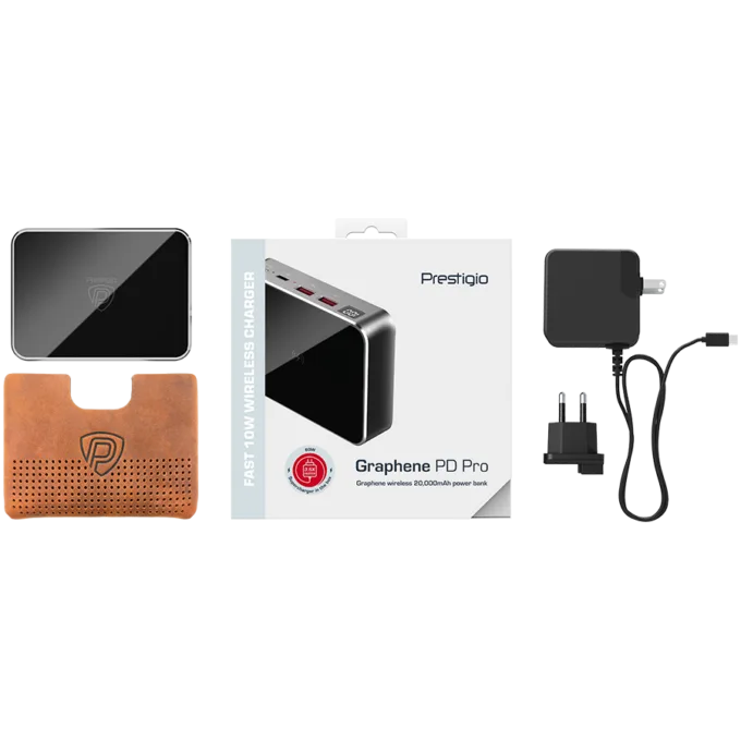 Prestigio Graphene PD PRO, fast charging powerbank, 20000 mAh, 2*USB3.0 QC, 1*Type-C PD, wireless charging interface 10W, LED battery indicator, leather case, cable type C-USB, 60W adapter in the box, aluminium and tempered glass, Silver grey color — image 7