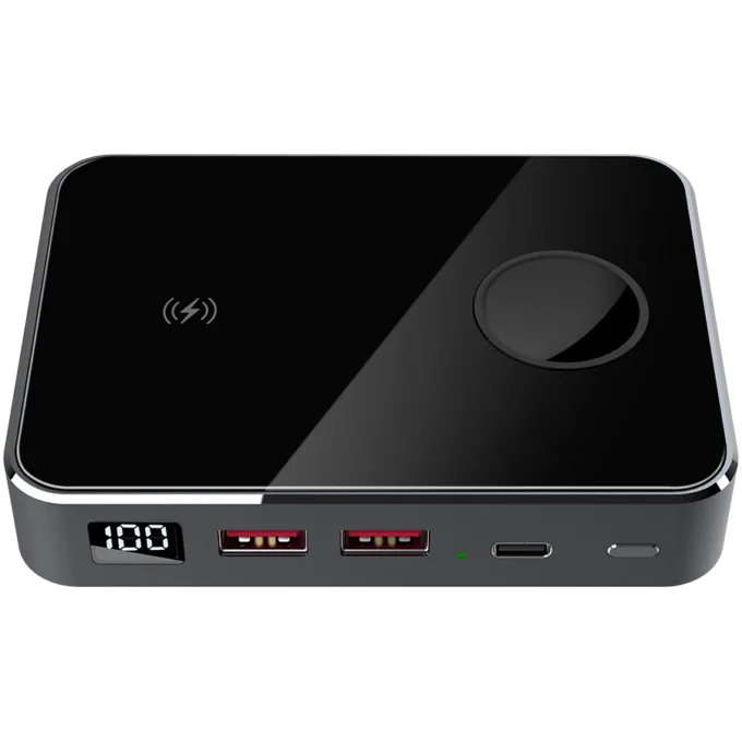 Prestigio Graphene PD Watch Edition, fast charging powerbank, 10000 mAh, 2*USB3.0 QC, 1*Type-C PD, wireless charger 10W, Apple Watch wireless charger 2,5W, LED indicator, leather case, cable type C-USB, 60W adapter, aluminium and tempered glass, black color — image 1