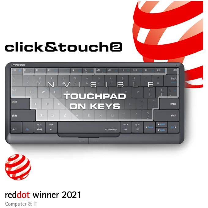 Prestigio Click&Touch 2, wireless multimedia smart keyboard with touchpad embedded into keys, auto-switch between keyboard and touchpad modes, touch multimedia sliders, left and right physical "mouse" buttons, connects up to 5 devices via Bluetooth and Type-C, Clevetura App. KB layout: ENG, color: space grey — image 1