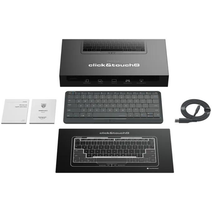 Prestigio Click&Touch 2, wireless multimedia smart keyboard with touchpad embedded into keys, auto-switch between keyboard and touchpad modes, touch multimedia sliders, left and right physical "mouse" buttons, connects up to 5 devices via Bluetooth and Type-C, Clevetura App. KB layout: ENG, color: space grey — image 11