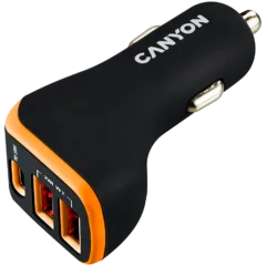 CANYON C-08, Universal 3xUSB car adapter, Input 12V-24V, Output DC USB-A 5V/2.4A(Max) + Type-C PD 18W, with Smart IC, Black+Orange with rubber coating, 71*39*26.2mm, 0.028kg