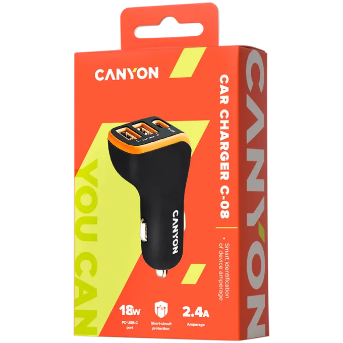 CANYON C-08, Universal 3xUSB car adapter, Input 12V-24V, Output DC USB-A 5V/2.4A(Max) + Type-C PD 18W, with Smart IC, Black+Orange with rubber coating, 71*39*26.2mm, 0.028kg — image 3