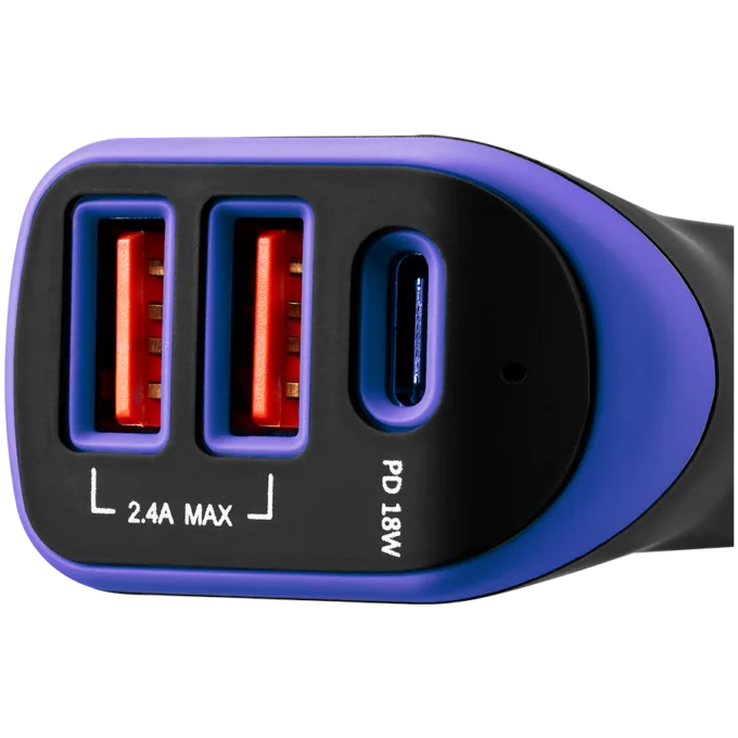 CANYON C-08, Universal 3xUSB car adapter, Input 12V-24V, Output DC USB-A 5V/2.4A(Max) + Type-C PD 18W, with Smart IC, Black+Purple with rubber coating, 71*39*26.2mm, 0.028kg — image 3