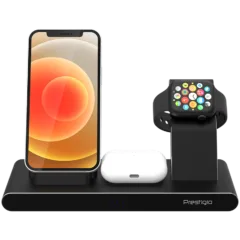 Prestigio ReVolt A7, 3-in-1 wireless charging station for iPhone, Apple Watch, AirPods, wilreless output for phone 7.5W/10W, wireless output for AirPods 5W, wireless output for Apple Watch 2.5W, material: aluminum+tempered glass, black color
