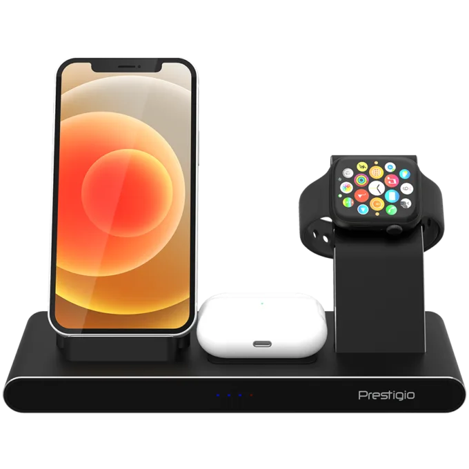 Prestigio ReVolt A7, 3-in-1 wireless charging station for iPhone, Apple Watch, AirPods, wilreless output for phone 7.5W/10W, wireless output for AirPods 5W, wireless output for Apple Watch 2.5W, material: aluminum+tempered glass, black color — image 1