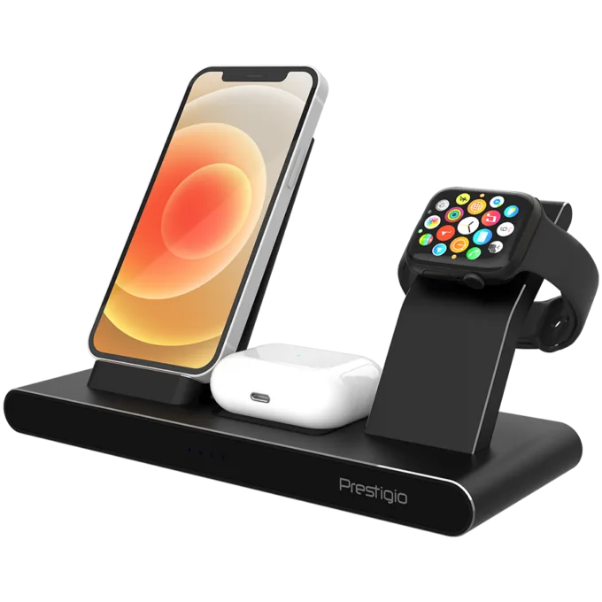 Prestigio ReVolt A7, 3-in-1 wireless charging station for iPhone, Apple Watch, AirPods, wilreless output for phone 7.5W/10W, wireless output for AirPods 5W, wireless output for Apple Watch 2.5W, material: aluminum+tempered glass, black color — image 5