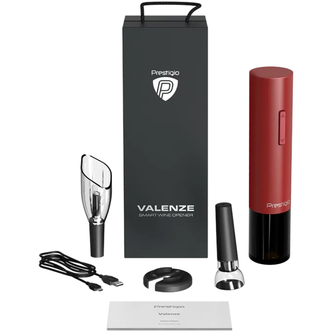 Prestigio Valenze, smart wine opener, simple operation with 2 buttons, aerator, vacuum stopper preserver, foil cutter, opens up to 80 bottles without recharging, 500mAh battery, Dimensions D 48.5*H220mm, red color — image 9