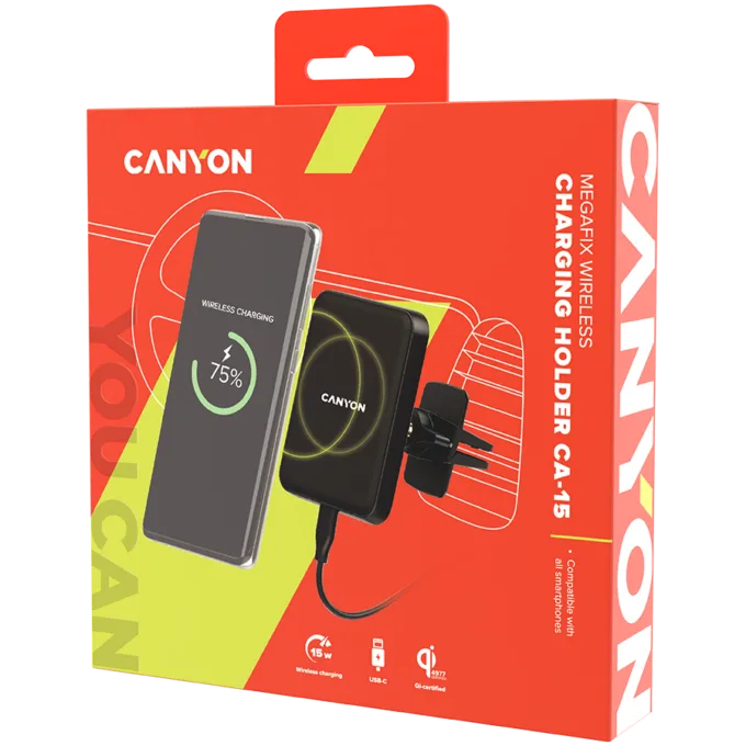 CANYON CH-15, Car holder and wireless charger MegaFix, C-15, 15W, Input: USB-C: 5V/2A, 9V/3A; Output: 5W, 7.5W, 10W, 15W;89*65*12mm,0.195kg,black — image 5