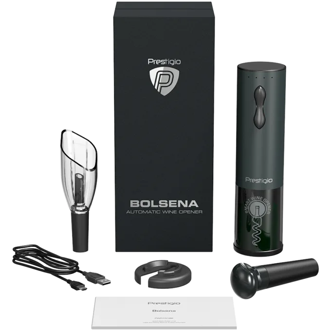Prestigio Bolsena, smart wine opener, simple operation with 2 buttons, aerator, vacuum stopper preserver, foil cutter, opens up to 80 bottles without recharging, 500mAh battery, Dimensions D 48.2*H183mm, black color. — image 9