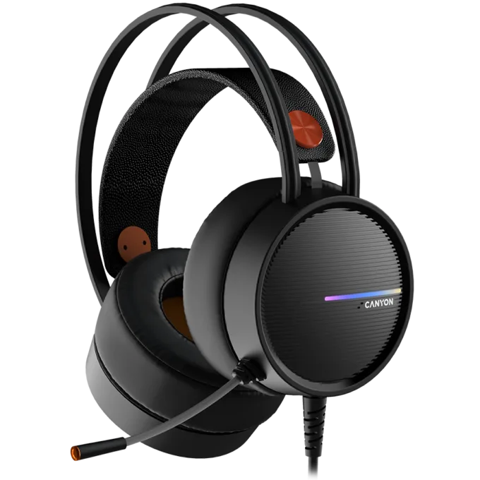 CANYON INTERCEPTOR GH-8A, Gaming headset 3.5mm jack plus USB connector for LED backlight, adjustable microphone and volume control, with 2in1 3.5mm adapter, cable 2M, Black and Orange, 0.36kg — image 1