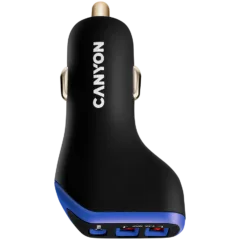 CANYON C-08, Universal 3xUSB car adapter, Input 12V-24V, Output DC USB-A 5V/2.4A(Max) + Type-C PD 18W, with Smart IC, Black+Purple with rubber coating, 71*39*26.2mm, 0.028kg