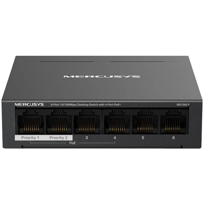 Mercusys MS106LP 6-Port 10/100 Mbps Desktop Switch with 4-Port PoE+, Compatible with 802.3af/at PDs, 40 W PoE Power, Desktop Steel Case, Wall Mounting, Extend Mode for 250m PoE Transmitting, Priority Port1-2, Isolation Mode, PoE Auto Recovery — image 1