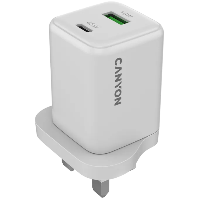 CANYON charger CU45AC GaN 45W 1xPD 1xQC UK White — image 1