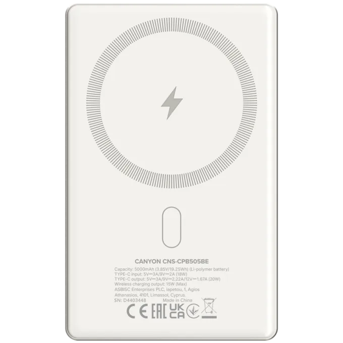 CANYON power bank OnPower 505 slim Magnetic 5000 mAh PD20W Beige — image 3