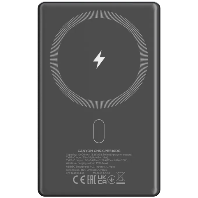 CANYON power bank OnPower 510 slim Magnetic 10000 mAh PD20W Dark Grey — image 3
