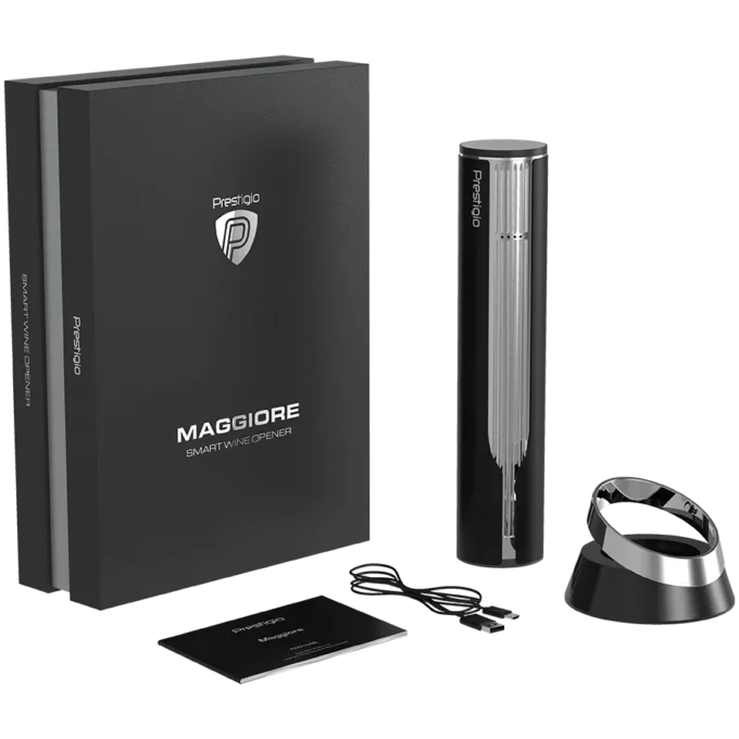 Prestigio Maggiore, smart wine opener, 100% automatic, opens up to 70 bottles without recharging, foil cutter included, premium design, 480mAh battery, Dimensions D 48*H228mm, black + silver color. — image 14