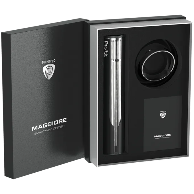 Prestigio Maggiore, smart wine opener, 100% automatic, opens up to 70 bottles without recharging, foil cutter included, premium design, 480mAh battery, Dimensions D 48*H228mm, black + silver color. — image 20
