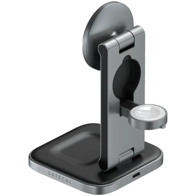 SATECHI 3-in-1 Foldable Qi2 Wireless Charging Stand (Space Gray) with Type A,C,G plugs — image 1