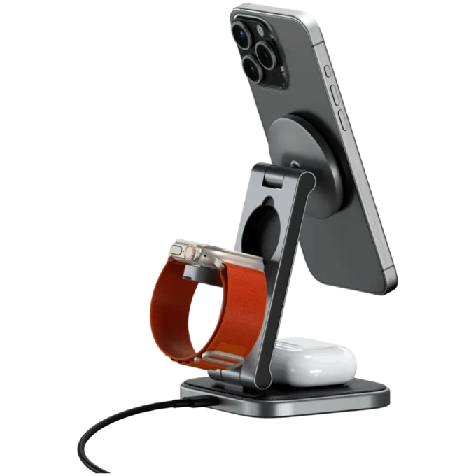 SATECHI 3-in-1 Foldable Qi2 Wireless Charging Stand (Space Gray) with Type A,C,G plugs — image 5