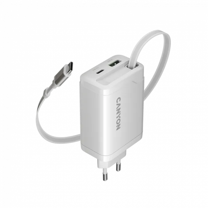 CANYON charger OnCharge 65RC Build-In Cable USB-C 65W 1xPD 1xQC EU White — image 1