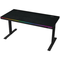 Dual-motor sit/stand adjustable-height gaming desk with wireless charger, RGB lighting, control panel, and USB ports, PB melamine surface tabletop, black.