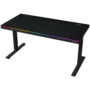 Dual-motor sit/stand adjustable-height gaming desk with wireless charger, RGB lighting, control panel, and USB ports, PB melamine surface tabletop, black.