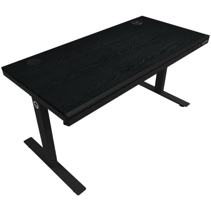 Dual-motor sit/stand adjustable-height gaming desk with wireless charger, RGB lighting, control panel, and USB ports, PB melamine surface tabletop, black. — image 3