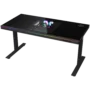 Dual-motor sit/stand adjustable-height gaming desk with built-in PC case, wireless charger, RGB lighting, control panel, and USB ports, tempered glass tabletop, black.
