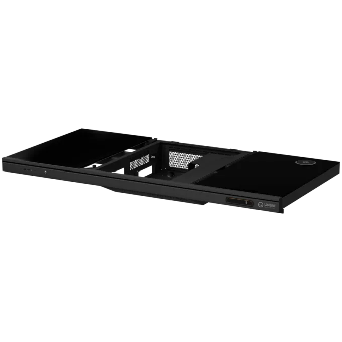 Dual-motor sit/stand adjustable-height gaming desk with built-in PC case, wireless charger, RGB lighting, control panel, and USB ports, tempered glass tabletop, black. — image 6