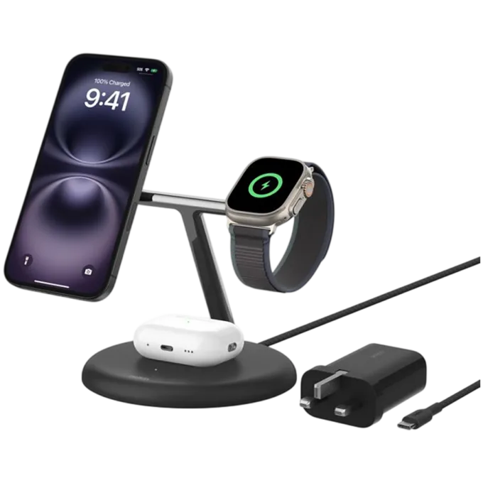 BELKIN PRO 3in1 Qi2 15w Magnetic Adjustable Charging Stand, Black — image 1