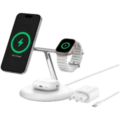 BELKIN PRO 3in1 Qi2 15w Magnetic Adjustable Charging Stand, White
