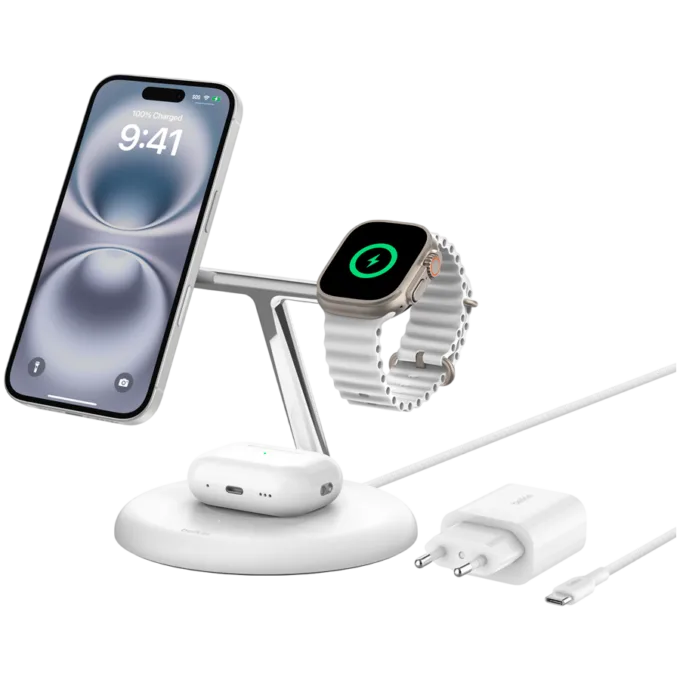 BELKIN PRO 3in1 Qi2 15w Magnetic Adjustable Charging Stand, White — image 2