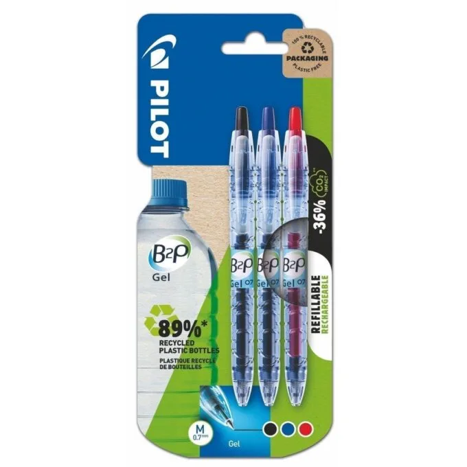PILOT CARDBOARD BLISTER B2P GEL X 3 BLACK BLUE RED — image 1