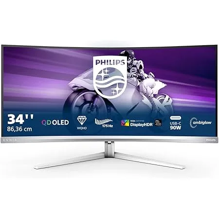 Philips Evnia 34M2C8600 - 34-inch Curved QD-OLED Gaming Monitor 3440x1440 175Hz 0.03ms 1800R G-SYNC FreeSync Premium Pro USB-C 90W Speakers USB Hub Ambiglow White — image 1