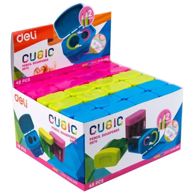 DELI PENCIL SHARPENER 2 HOLES WITH CANISTER ASSORTED PACK OF 48 PCS — image 1