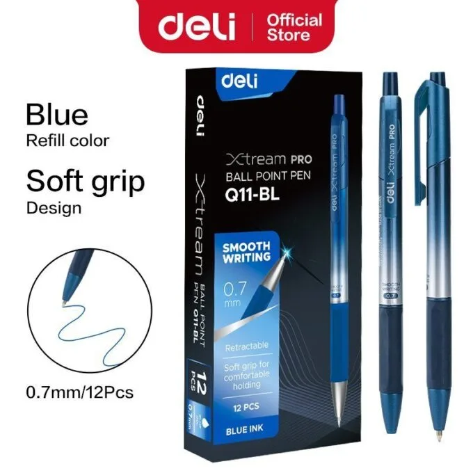 DELI BALL POINT PEN RETRACTABLE SOFT GRIP 0.7MM BLUE — image 1