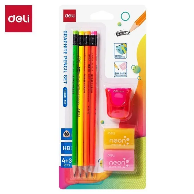 DELI NEON SCHOOL SET BLISTER 4 PENCILS + 2 ERASERS + 1 SHARPENER — image 1