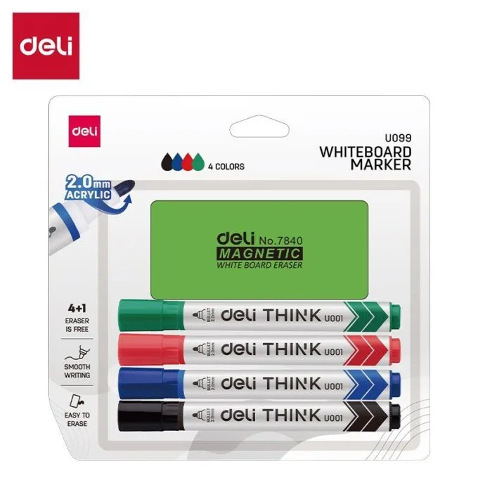DELI WHITEBOARD MARKERS SET - BOARD ERASER + B/L/R/G MARKERS BLISTER — image 1