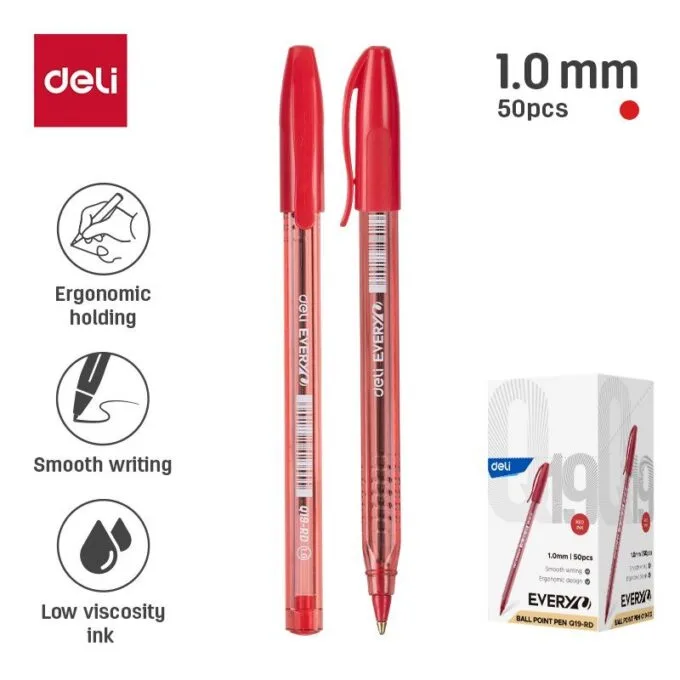 DELI BALL POINT PEN 1.0MM RED (PACK OF 50 PENS) — image 1