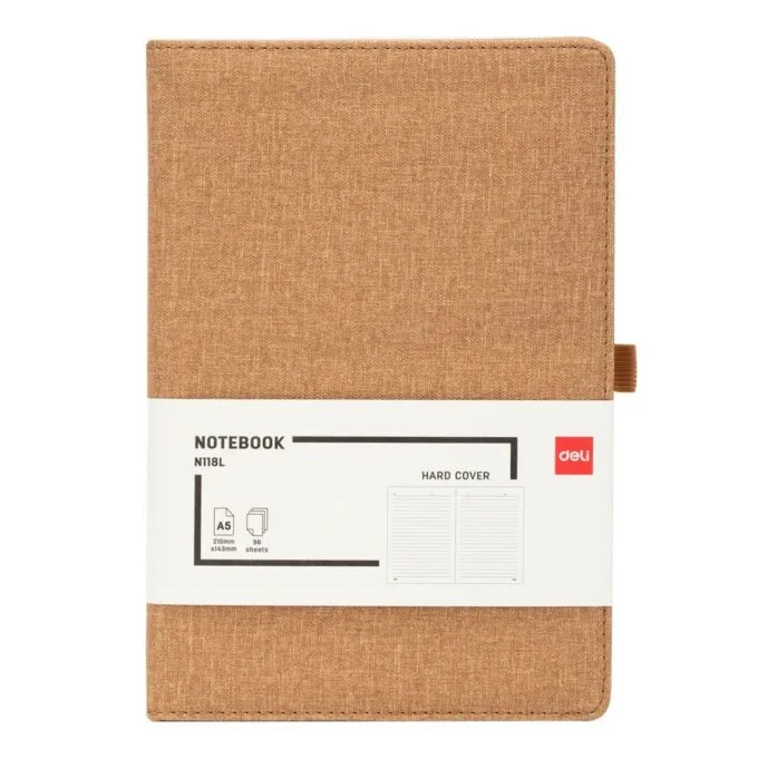 DELI LIGHT BROWN LEATHER COVER RULED NOTEBOOK A5 96 SHEETS — image 1