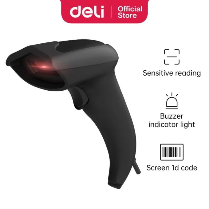DELI HANDHELD WIRED BLACK BARCODE SCANNER - 1D CODE SCANNING PRINCIPLE — image 1