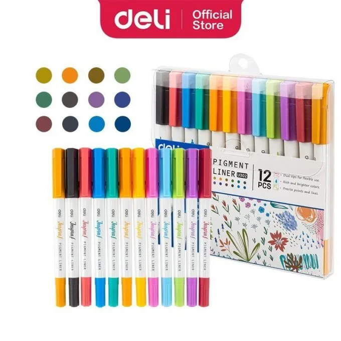 DELI PIGMENT LINER MARKER PENS 12PCS 0.5 - 1.0MM - DUALTIP — image 1