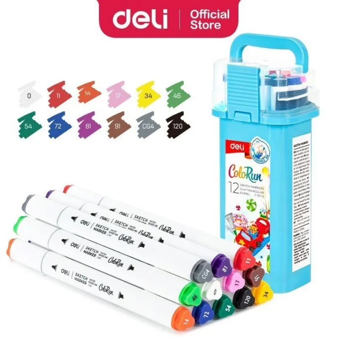 DELI WATER BASED TWIN SKETCH MARKERS 12 COLOURS BOX SET — image 1