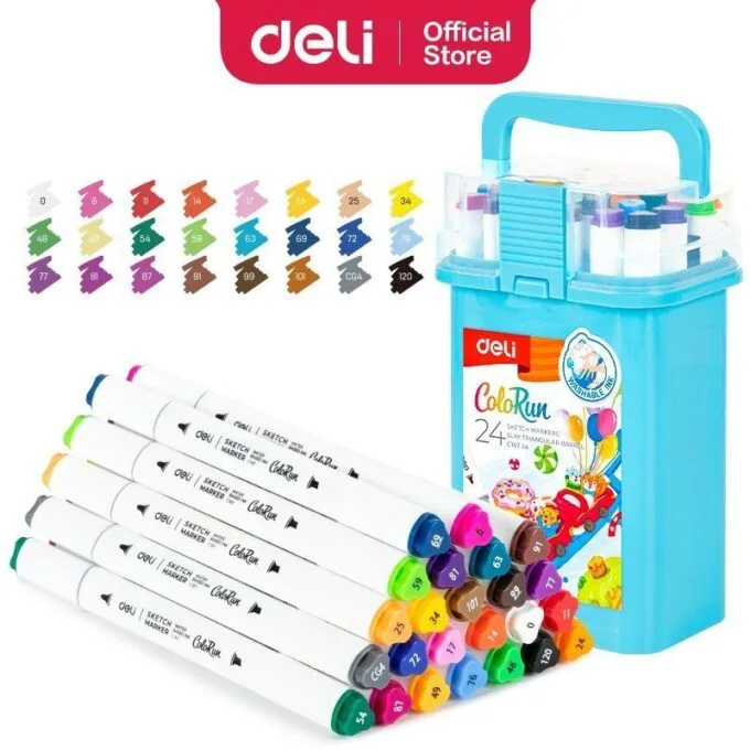 DELI WATER BASED TWIN SKETCH MARKERS 24 COLOURS BOX SET — image 1