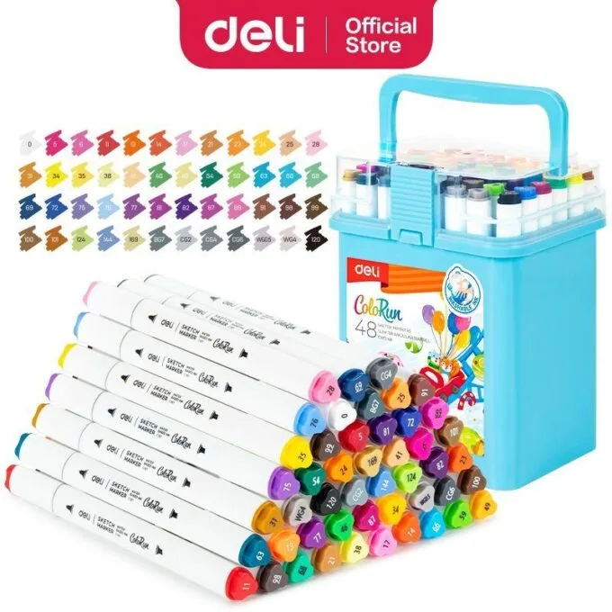 DELI WATER BASED TWIN SKETCH MARKERS 48 COLOURS BOX SET — image 1